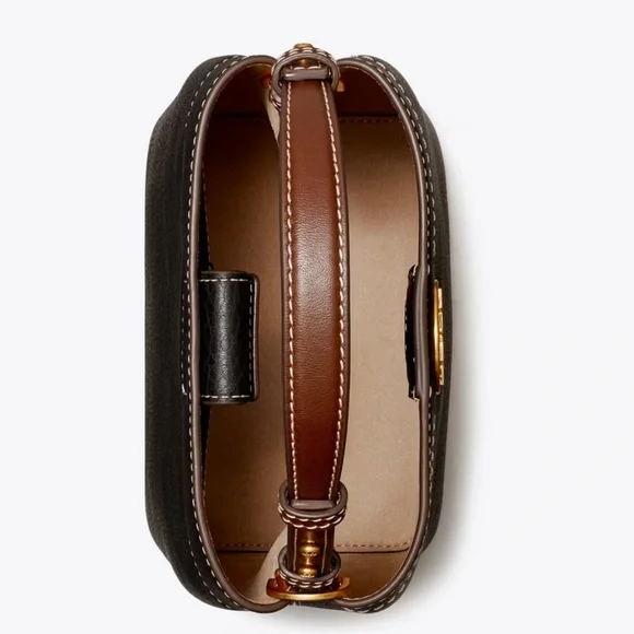 Tory Burch Black Leather Bucket Shoulder Bag with Gold Logo - Picture 3 of 4